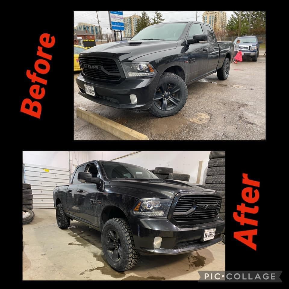 Before and after tire upgrade on a Ram truck